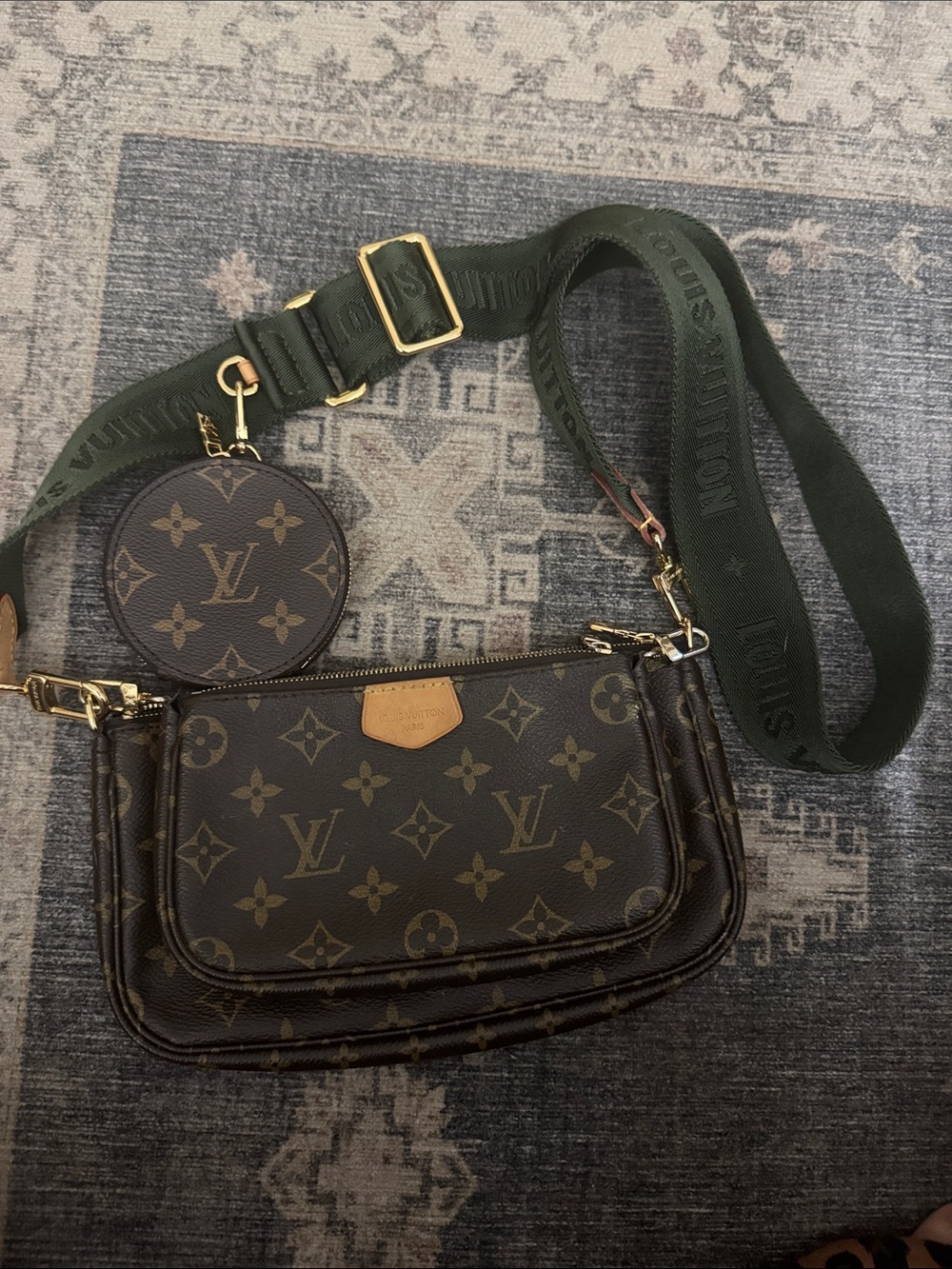 Monogram Multi Pochette with Green Strap and Gold Hardware